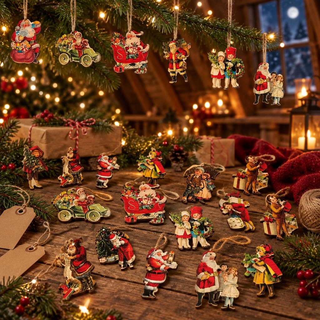 Mini figurines de Père Noël victoriennes en bois suspendues au sapin et dispersées sur une table