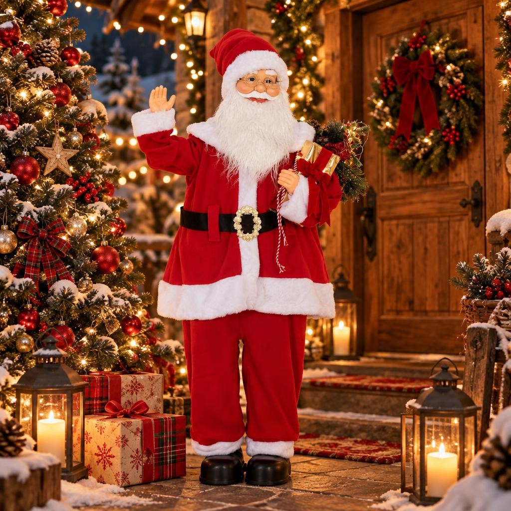 Grand Père Noël debout de 120 cm près dun sapin décoré devant la porte dentrée dun chalet