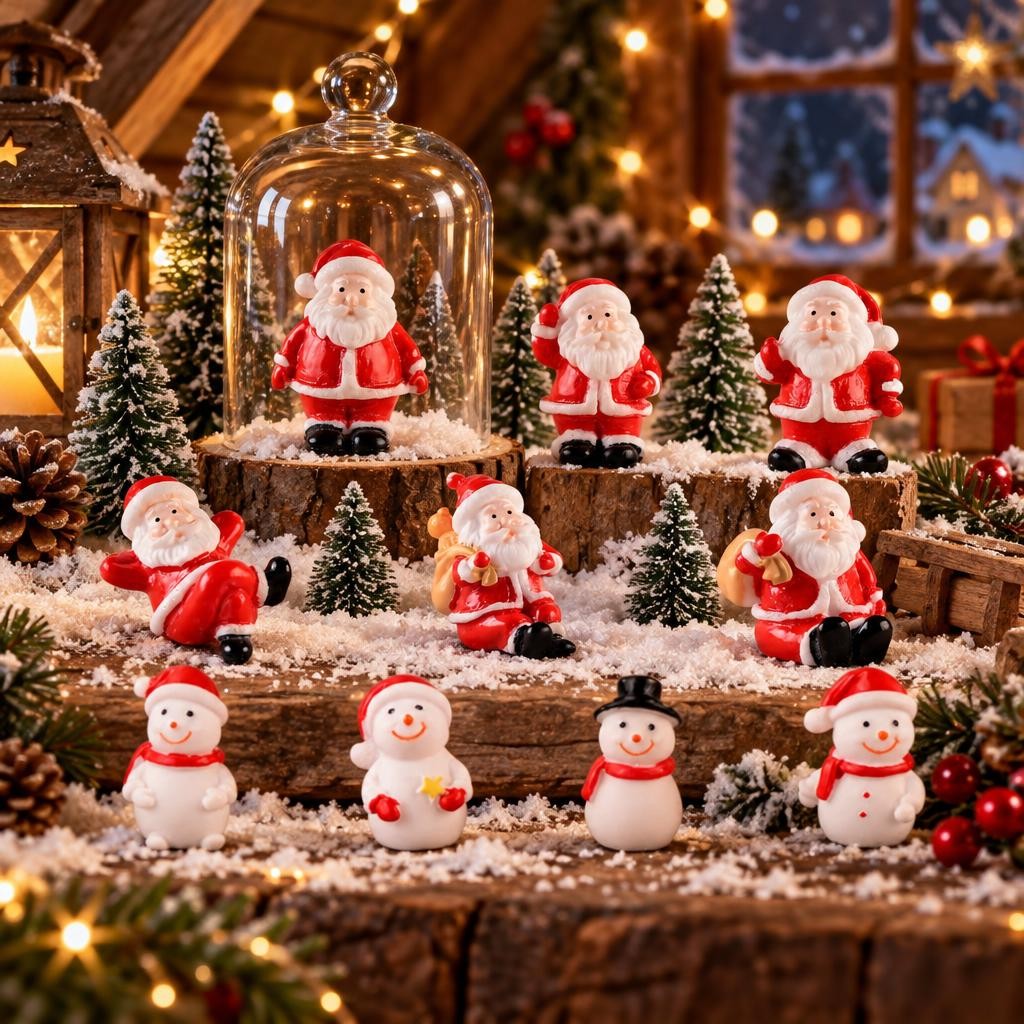 Mini figurines Père Noël et bonshommes de neige en résine dans une scène enneigée sous cloche