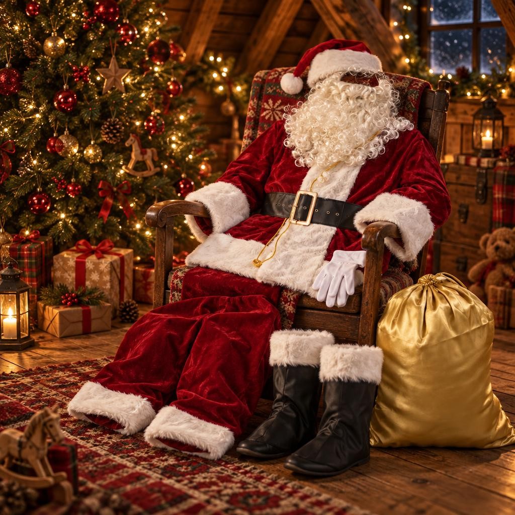 Costume de Père Noël en velours posé sur un fauteuil en bois près dun sapin illuminé