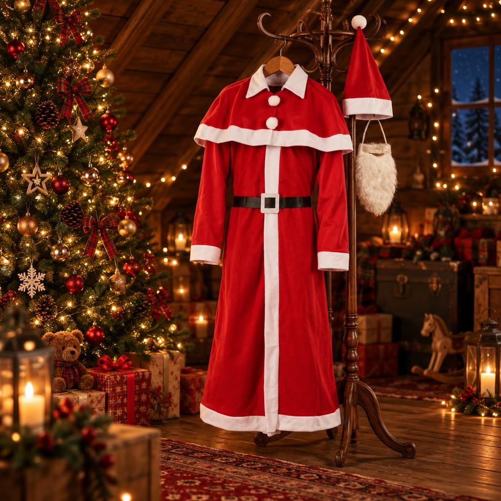 Déguisement de Père Noël avec manteau, cape, bonnet et barbe suspendu à un portemanteau près du sapin
