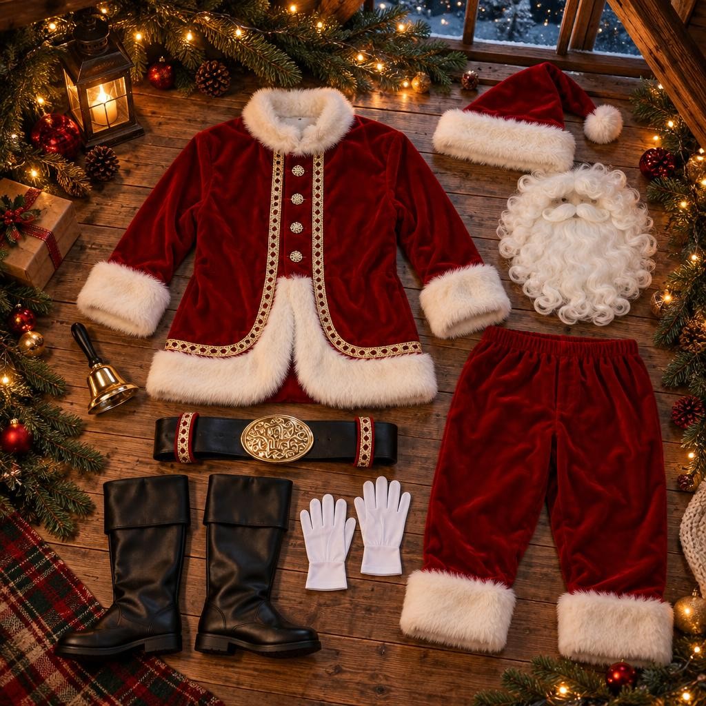 Costume de Père Noël professionnel en 11 pièces étalé sur un plancher en bois avec branches de sapin