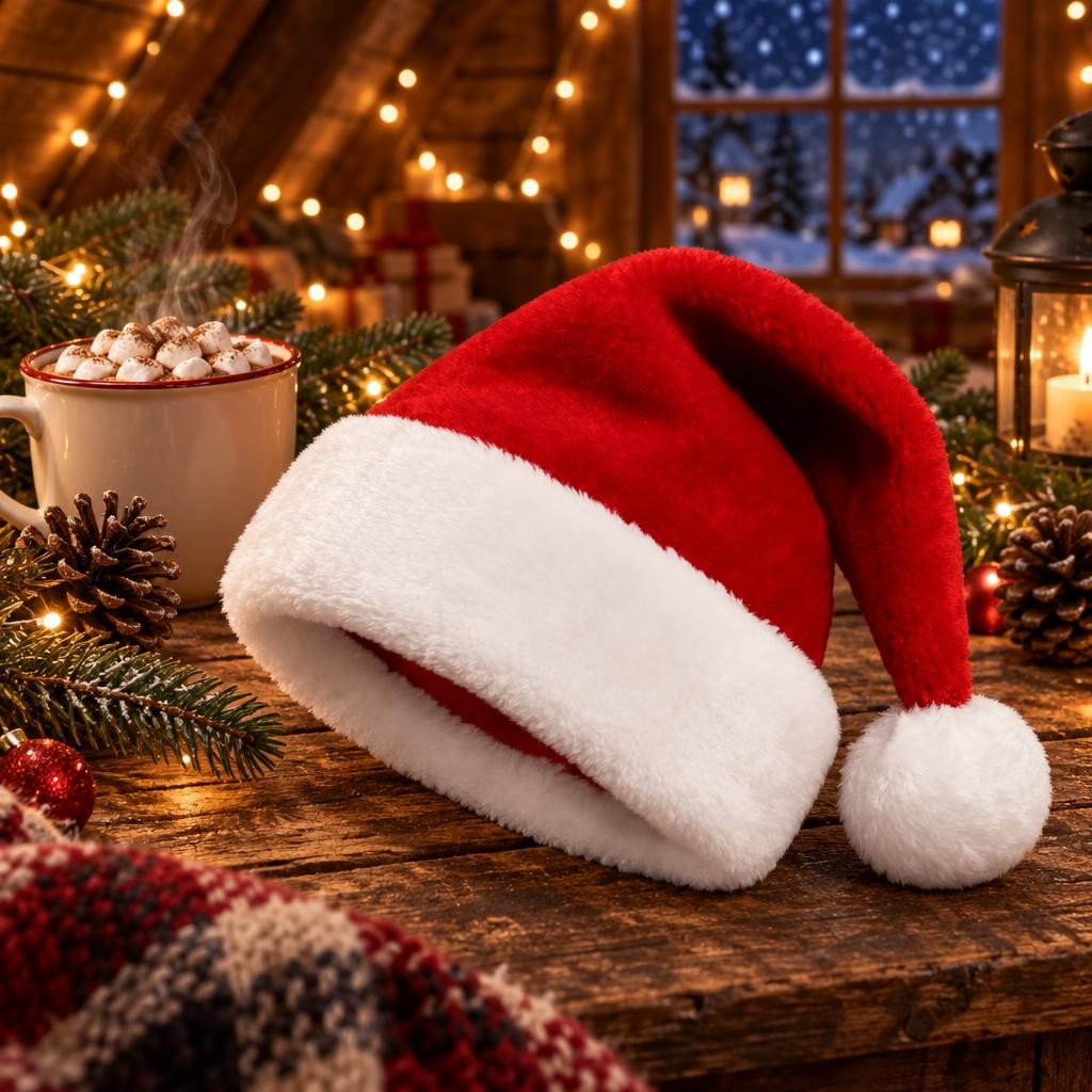 Bonnet de Noël rouge et blanc en peluche posé sur une table en bois près dun chocolat chaud