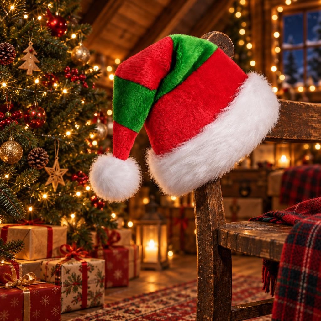 Bonnet de Noël en velours rouge et vert à pompon blanc accroché à une chaise près du sapin