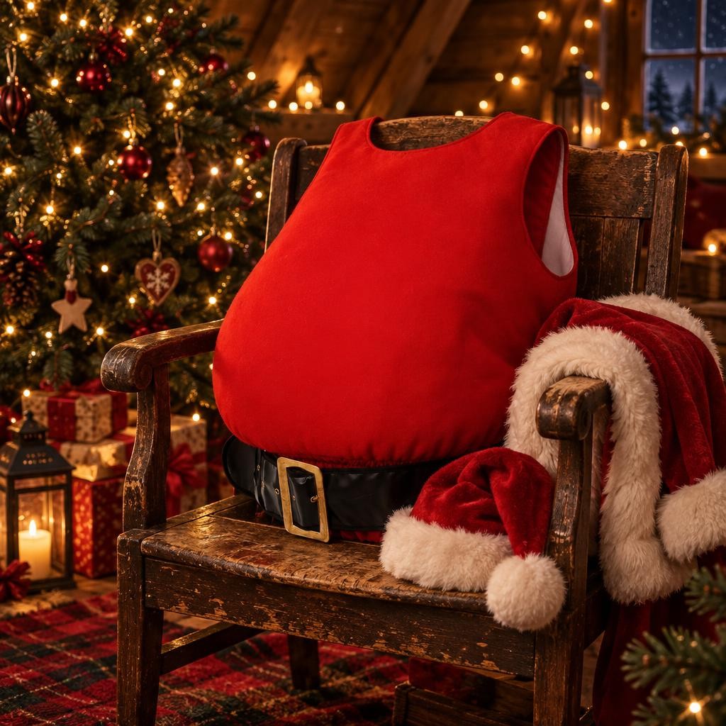 Faux ventre de Père Noël rouge posé sur un fauteuil en bois avec un manteau et un bonnet de Père Noël