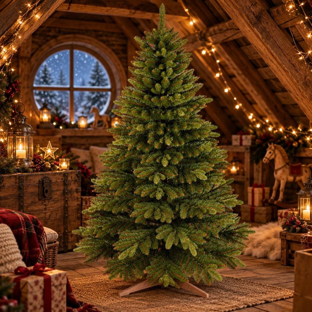 Sapin de Noël artificiel réaliste sur pied en bois dans un grenier chaleureux à la fenêtre enneigée