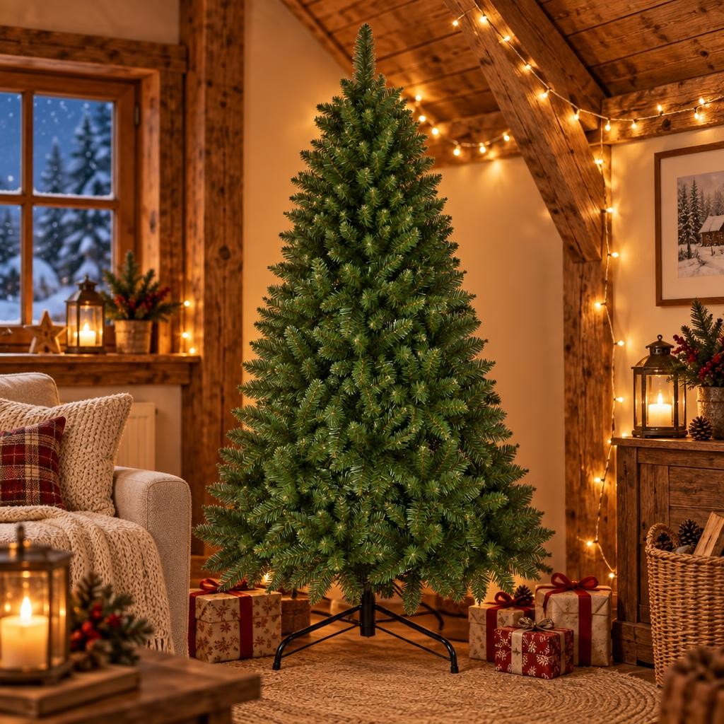 Sapin de Noël artificiel touffu sur pied métal avec des cadeaux au pied dans un salon aux poutres en bois