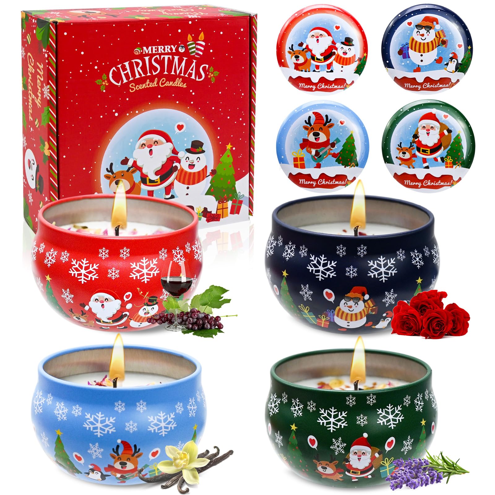 Coffret cadeau de quatre bougies parfumées aux couleurs de Noël