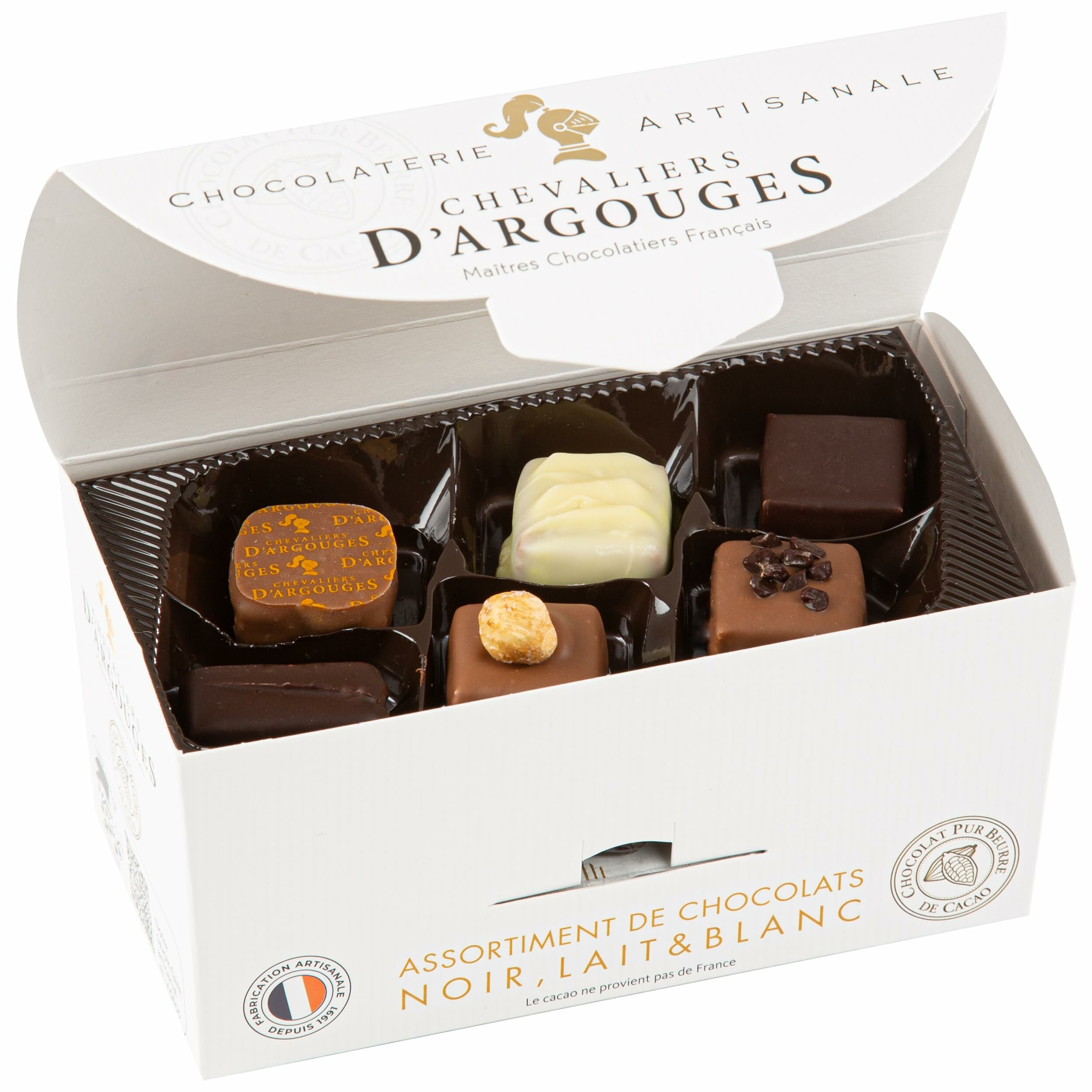 Ballotin dégustation Chevaliers dArgouges, chocolats noir, lait et blanc 175 g