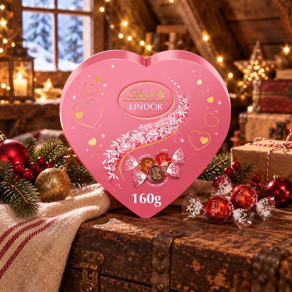 Boîte cœur Lindt Lindor posée sur une malle dans un grenier de Noël