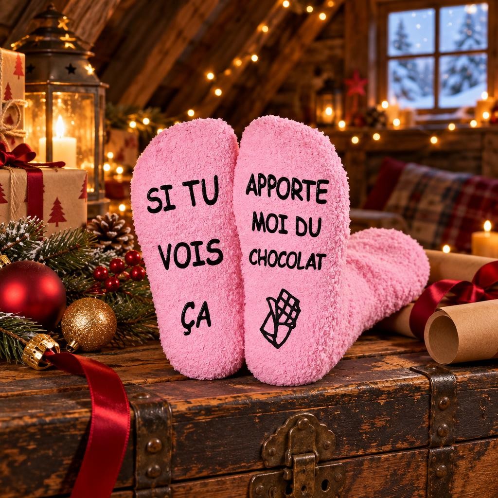 Chaussettes à message pour homme posées sur une malle dans un grenier de Noël