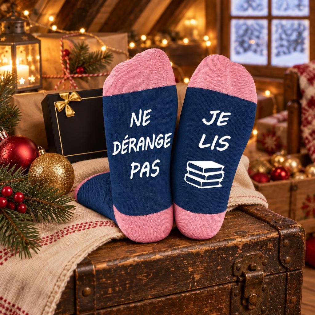 Chaussettes à message pour femme posées sur une malle dans un grenier de Noël