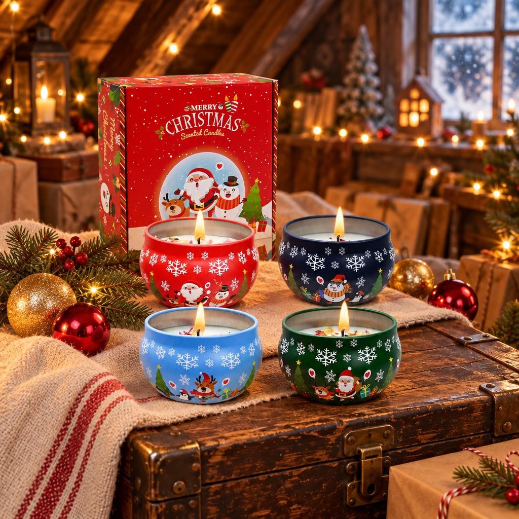 Coffret de quatre bougies parfumées posé sur une malle dans un grenier de Noël