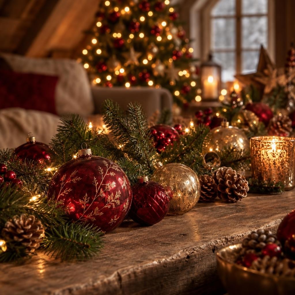 Sapin de Noël illuminé derrière des boules rouges et dorées, une guirlande de sapin et des bougies