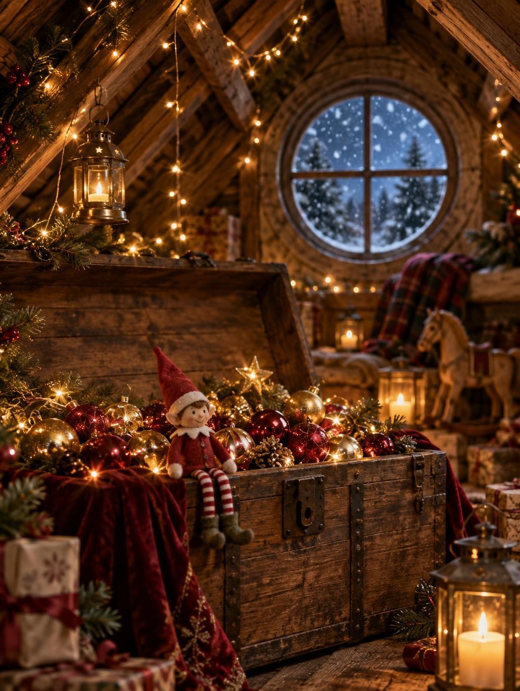 Malle ancienne remplie de boules et de guirlandes lumineuses dans un grenier enneigé, avec un petit lutin assis sur le bord