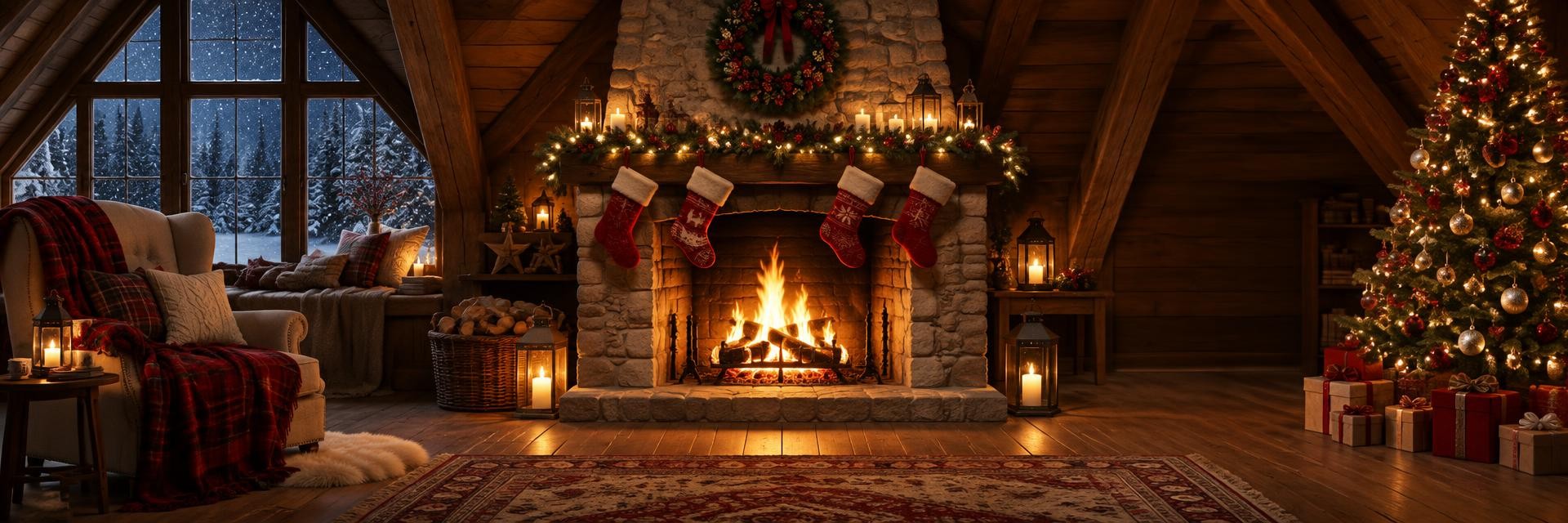 Cheminée en pierre avec un feu de bois, chaussettes de Noël, sapin illuminé et fenêtre enneigée