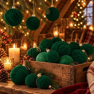 Boules de Noël en velours vert foncé suspendues au sapin et rangées dans une caisse en bois