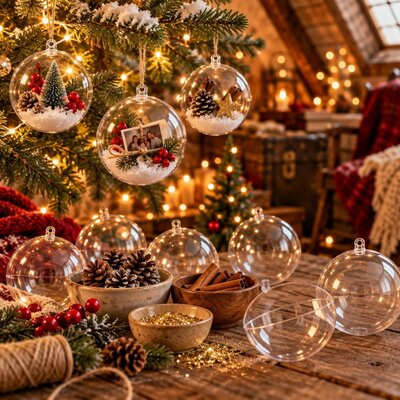 Boules de No&euml;l transparentes remplies de neige, pommes de pin et photo, pr&egrave;s de bols de d&eacute;corations &agrave; glisser dedans