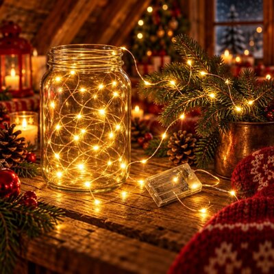 Guirlande lumineuse fil de cuivre allum&eacute;e dans un bocal en verre et enroul&eacute;e autour d'une branche de sapin