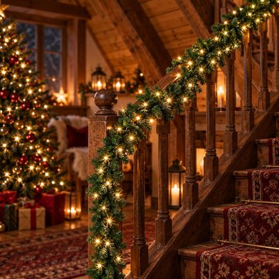 Guirlande de sapin lumineuse blanc chaud enroulée sur la rampe d'un escalier en bois