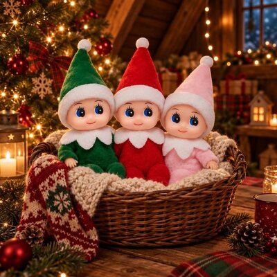 Trois b&eacute;b&eacute;s lutins vert, rouge et rose blottis dans un panier en osier pr&egrave;s du sapin