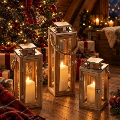 Trois lanternes en bois à anse en corde allumées au pied d'un sapin de Noël décoré