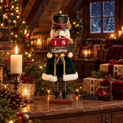 Casse-noisette en bois tenant un compte à rebours de Noël sur un buffet décoré de sapin et cadeaux