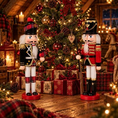 Soldats casse-noisettes cornemuse et fusil en bois peint de chaque c&ocirc;t&eacute; d'un sapin de No&euml;l