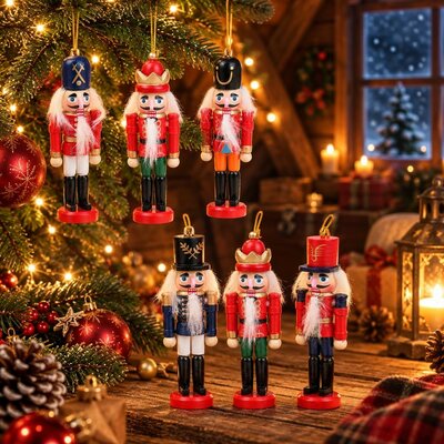 Six mini casse-noisettes en bois suspendus au sapin et align&eacute;s sur une table en bois