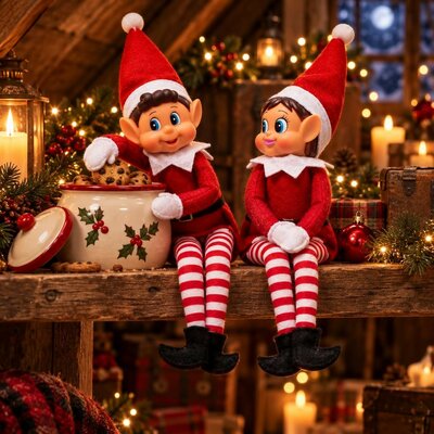 Lutin et lutine farceurs assis sur une étagère en bois, l'un plongeant la main dans un pot à biscuits