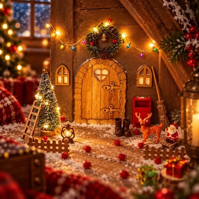 Kit porte de lutin installé au pied d'un mur avec guirlande lumineuse, mini sapin et accessoires miniatures