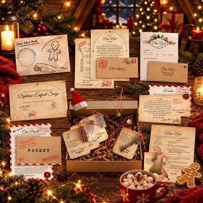 Contenu du kit Mission super lutin &eacute;tal&eacute; sur une table en bois avec chocolat chaud et branches de sapin