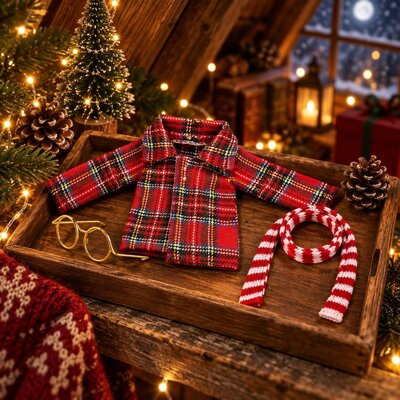 Chemise &agrave; carreaux, lunettes et &eacute;charpe ray&eacute;e pour lutin farceur sur un plateau en bois