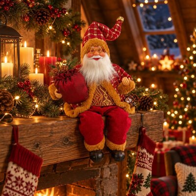 Figurine de Père Noël assis avec son sac de cadeaux au bord d'une cheminée décorée