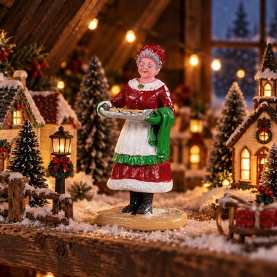 Figurine M&egrave;re No&euml;l et ses cookies dans un village de No&euml;l miniature enneig&eacute;