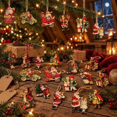 Mini figurines de P&egrave;re No&euml;l victoriennes en bois suspendues au sapin et dispers&eacute;es sur une table