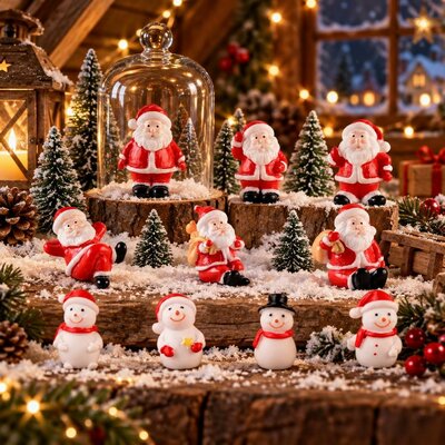 Mini figurines P&egrave;re No&euml;l et bonshommes de neige en r&eacute;sine dans une sc&egrave;ne enneig&eacute;e sous cloche