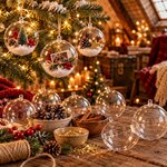 Boules de Noël transparentes remplies de neige, pommes de pin et photo, près de bols de décorations à glisser dedans