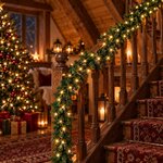 Guirlande de sapin lumineuse blanc chaud enroulée sur la rampe d'un escalier en bois
