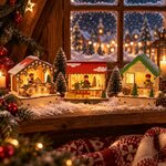 Trois cabanes lumineuses en bois façon marché de Noël sur un rebord de fenêtre enneigé