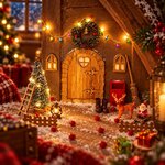 Kit porte de lutin installé au pied d'un mur avec guirlande lumineuse, mini sapin et accessoires miniatures