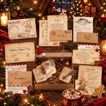Contenu du kit Mission super lutin étalé sur une table en bois avec chocolat chaud et branches de sapin