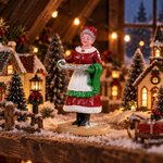 Figurine Mère Noël et ses cookies dans un village de Noël miniature enneigé