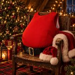 Faux ventre de Père Noël rouge posé sur un fauteuil en bois avec un manteau et un bonnet de Père Noël