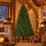 Sapin de Noël artificiel touffu sur pied métal avec des cadeaux au pied dans un salon aux poutres en bois