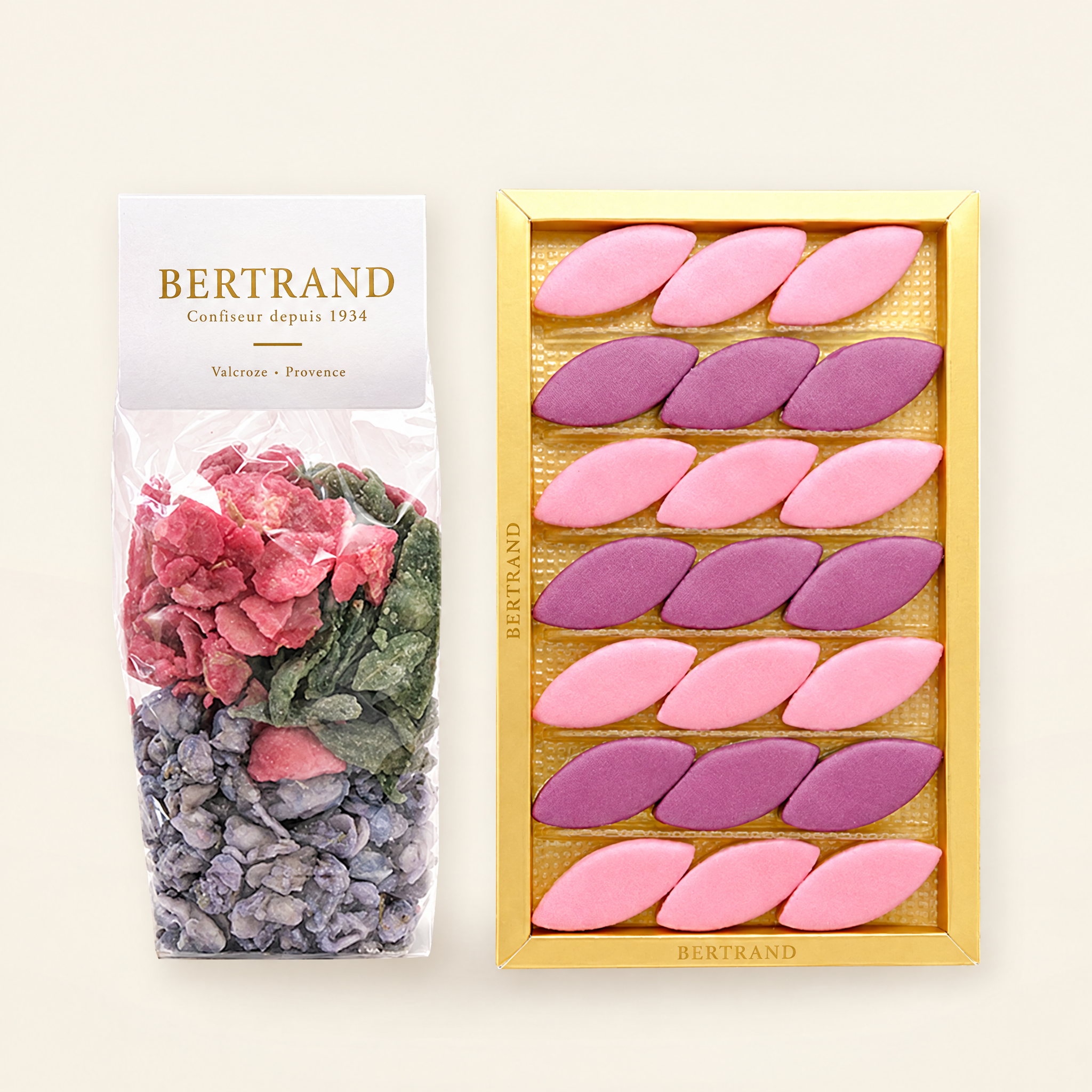 Sachet de fleurs cristallisées et coffret de calissons rose et violette Bertrand