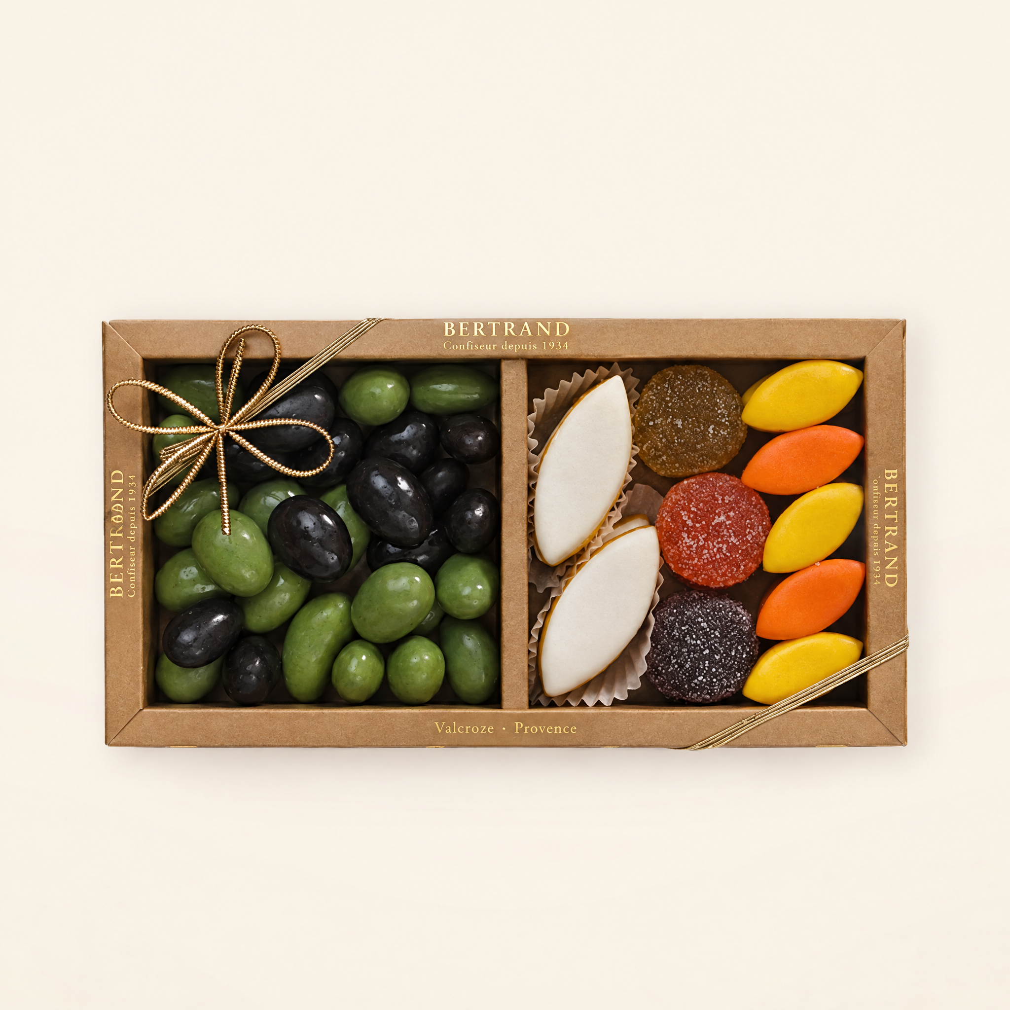 Coffret duo Bertrand : olives en chocolat, calissons et pâtes de fruits