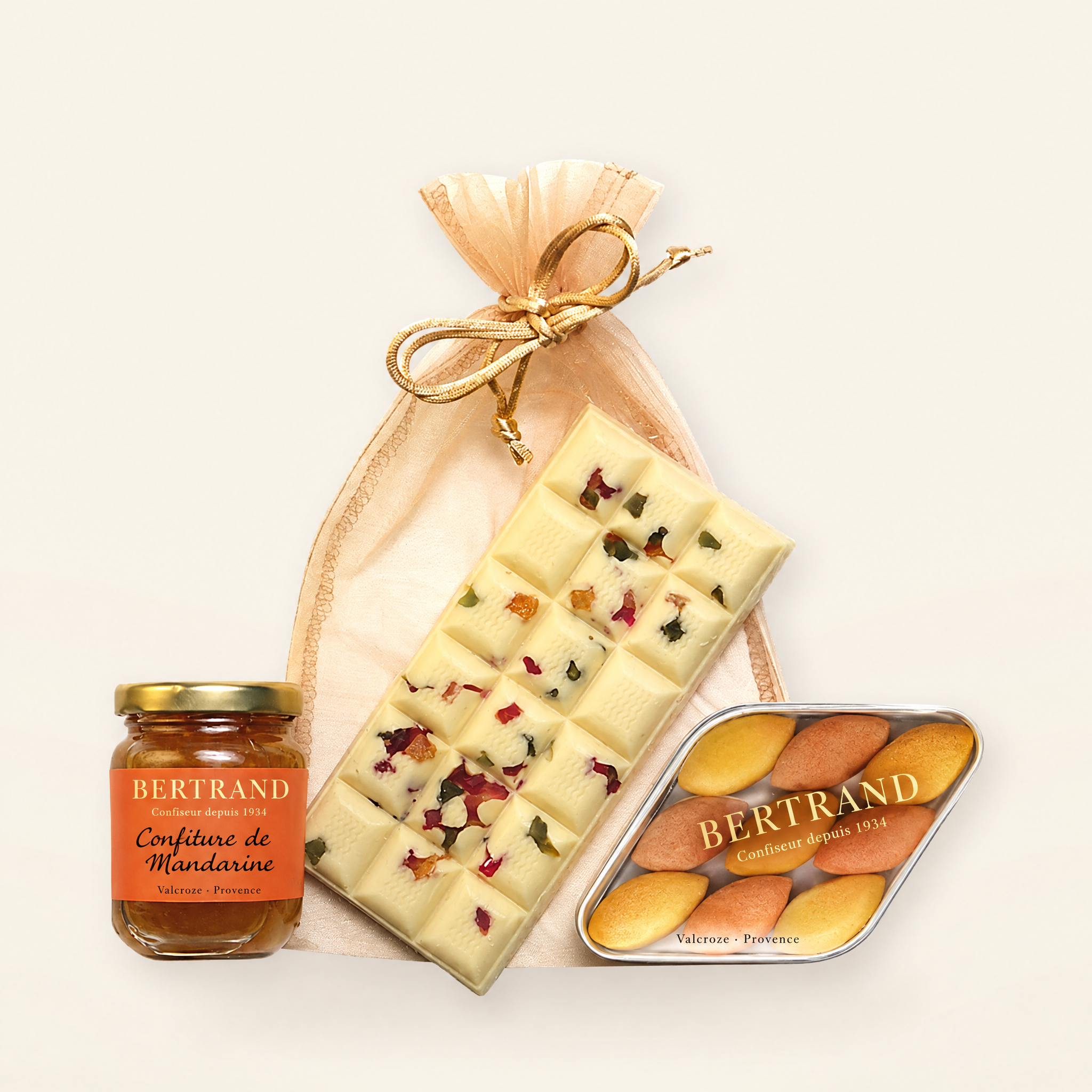 Trilogie aux fruits Bertrand : confiture de mandarine, tablette au chocolat blanc et calissons