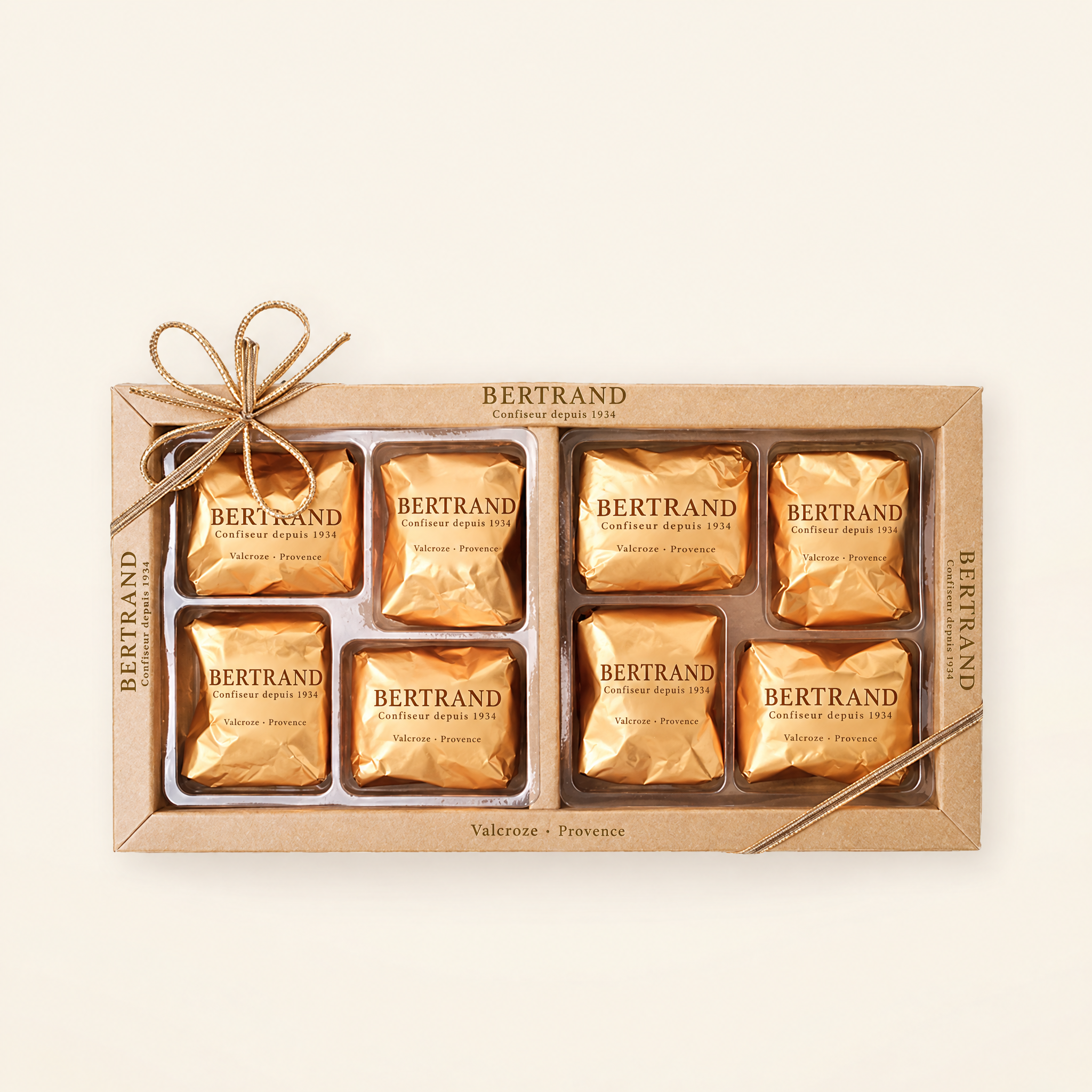 Étui de 8 marrons glacés Bertrand en papillotes dorées