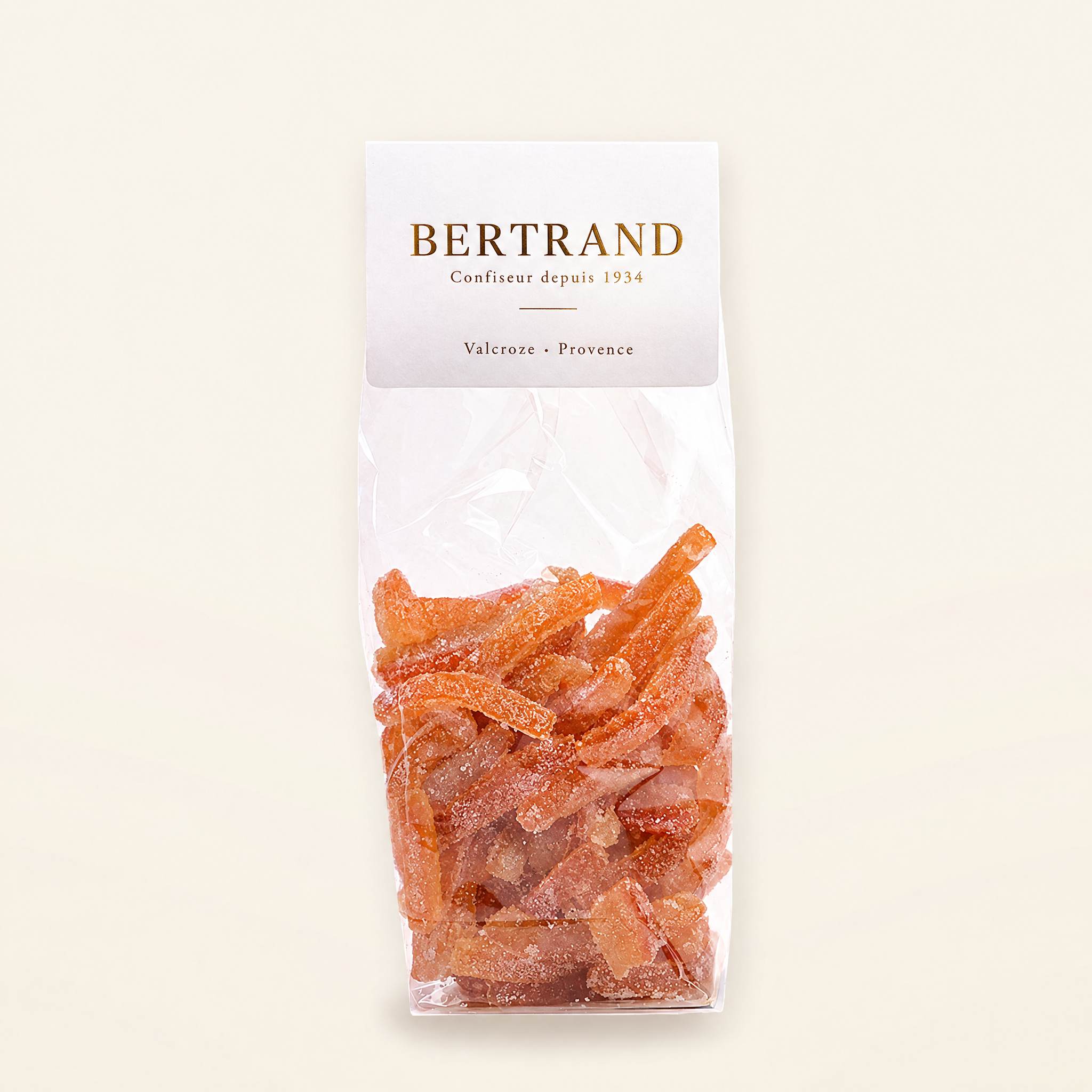 Sachet de lamelles décorce dorange roulées au sucre Bertrand
